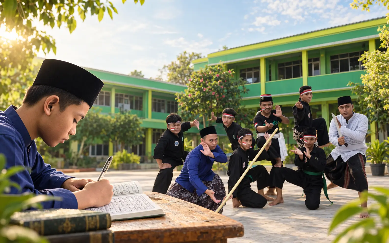 Santri mengaji dan berlatih Pagar Nusa di Pondok Pesantren Attahiyyah